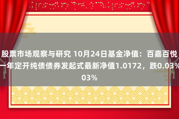 股票市场观察与研究 10月24日基金净值：百嘉百悦一年定开纯债债券发起式最新净值1.0172，跌0.03%