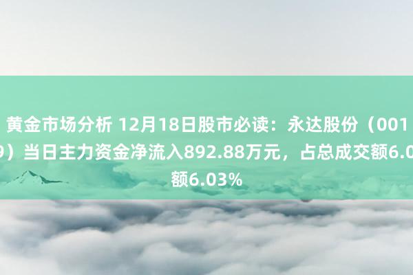 黄金市场分析 12月18日股市必读：永达股份（001239）当日主力资金净流入892.88万元，占总成交额6.03%