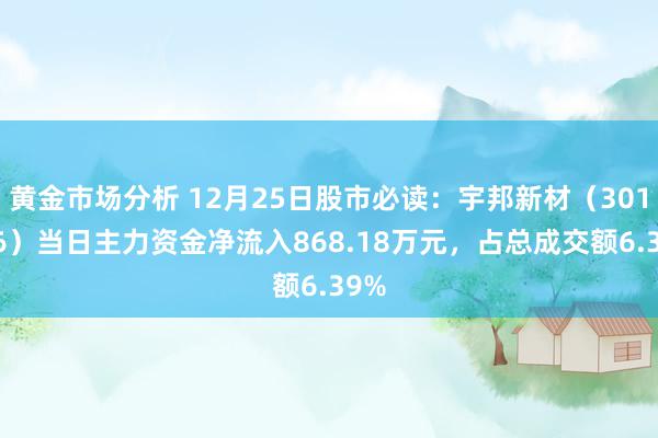 黄金市场分析 12月25日股市必读：宇邦新材（301266）当日主力资金净流入868.18万元，占总成交额6.39%