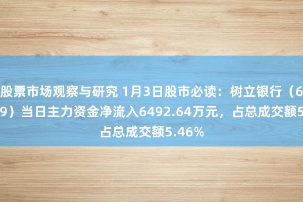 股票市场观察与研究 1月3日股市必读：树立银行（601939）当日主力资金净流入6492.64万元，占总成交额5.46%