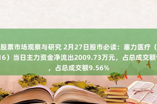 股票市场观察与研究 2月27日股市必读：塞力医疗（603716）当日主力资金净流出2009.73万元，占总成交额9.56%