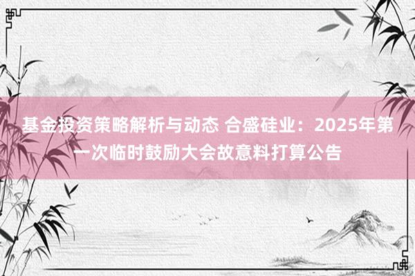 基金投资策略解析与动态 合盛硅业：2025年第一次临时鼓励大会故意料打算公告